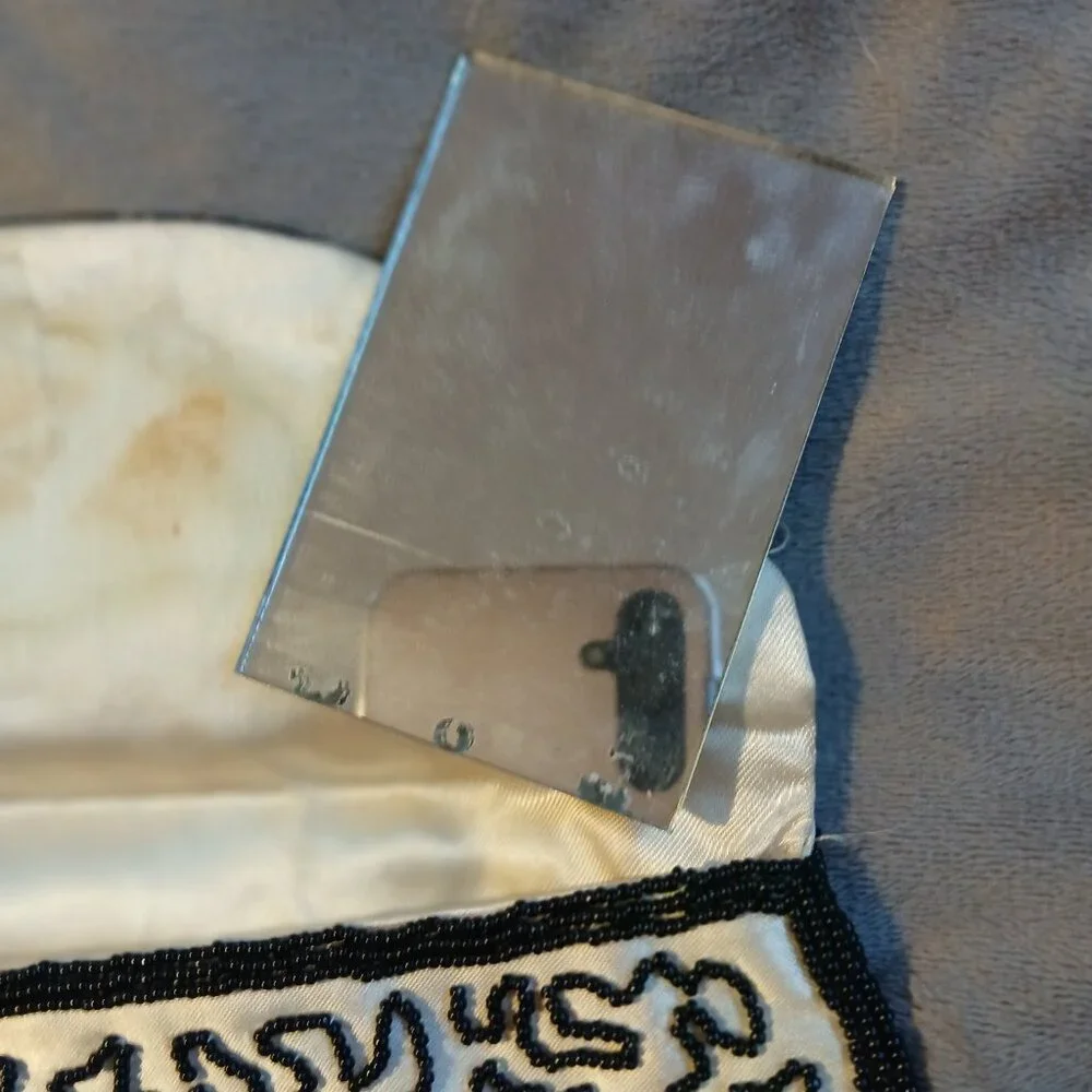 Vintage Women's Fabric White Clutch Abstract Black Beading